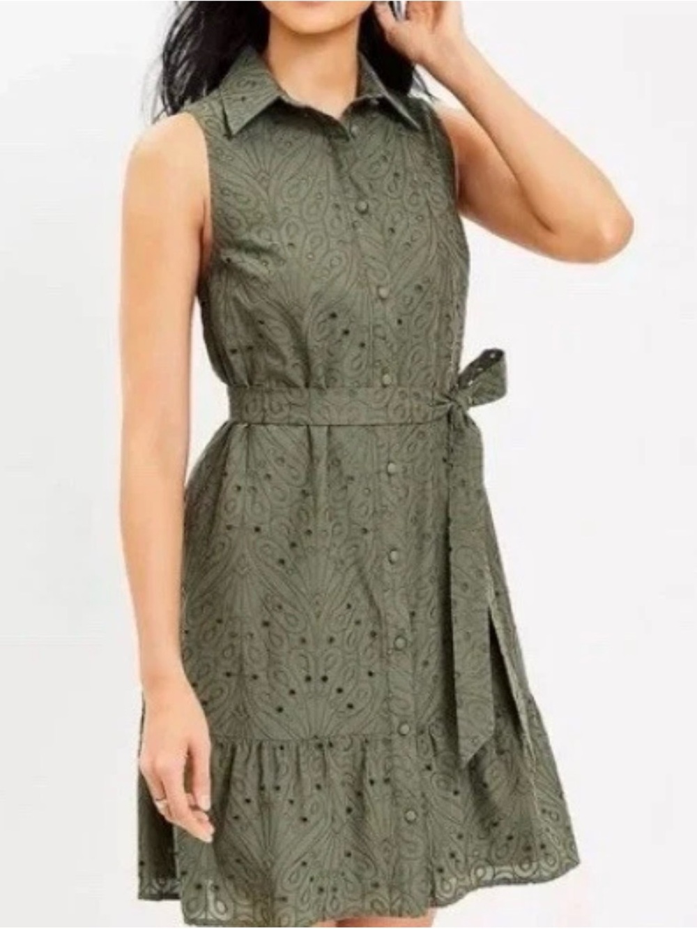 LOFT Olive Eyelet Shirt Dress with Tie Waist
